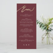 Elegant Dark Red Plum Burgundy Calligraphy Wedding Menükarte (Stehend Vorderseite)