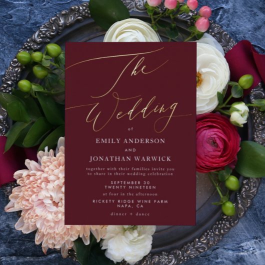 Elegant Dark Red Plum Burgundy Gold Die Hochzeit Folieneinladung