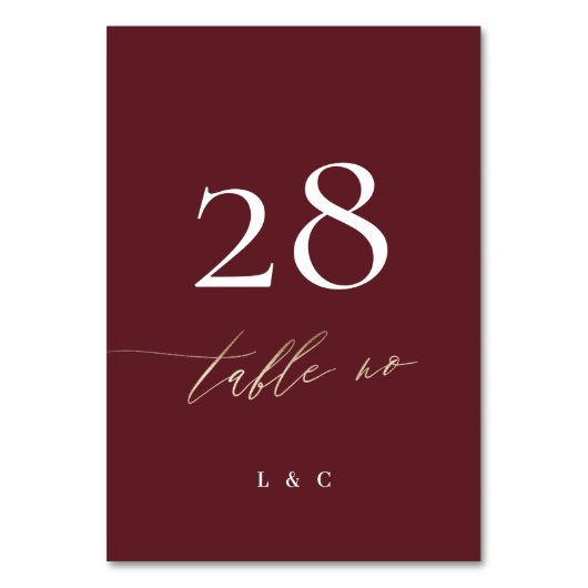 Elegant Dark Red Plum Burgundy Gold Die Hochzeit Tischnummer (Rückseite)