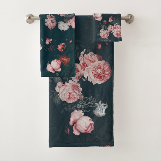 Elegant Dark Rich Dutch Floral Pink Roses Badhandtuch Set (Insitu)