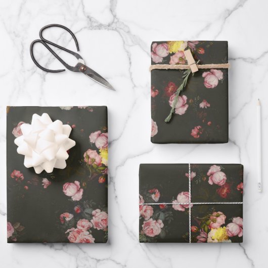 Elegant Dark Rich Dutch Floral Pink Roses Geschenkpapier Set (Vorderseite)