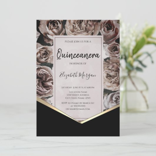 Elegant Dark Rose Quinceanera Einladung (Stehend Vorderseite)
