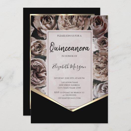 Elegant Dark Rose Quinceanera Einladung (Vorne/Hinten)