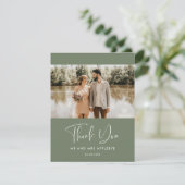 Elegant Dark sage green Hochzeit Foto Vielen Dank Dankeskarte (Stehend Vorderseite)