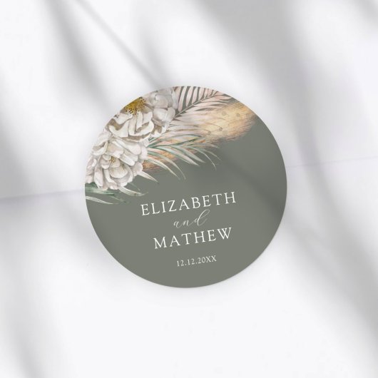 Elegant Dark Sage Pampas Grass Wedding Runder Aufkleber