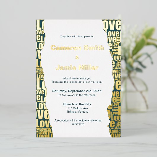 Elegant Dark Slate Gray Liebe Typografy Wedding Folieneinladung (Stehend vorne)