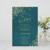 Elegant Dark Teal & Gold Budget Wedding Program (Stehend Vorderseite)
