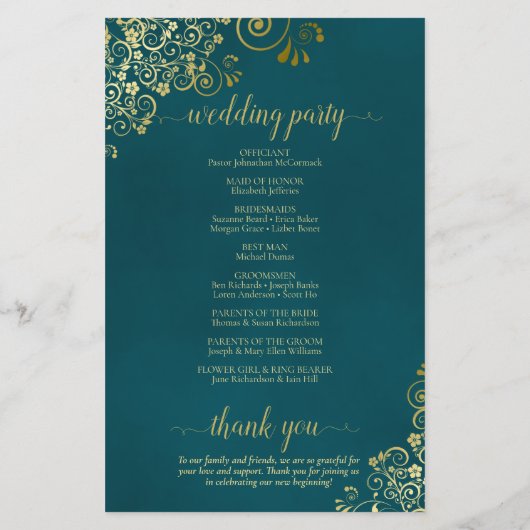 Elegant Dark Teal & Gold Budget Wedding Program (Rückseite)
