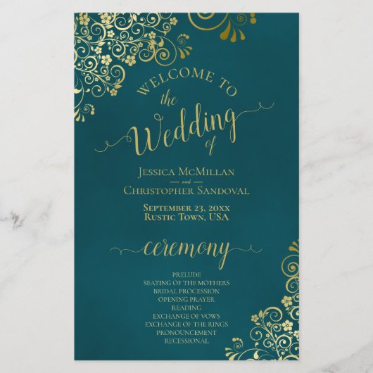 Elegant Dark Teal & Gold Budget Wedding Program (Vorderseite)