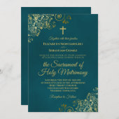 Elegant Dark Teal & Gold Modern Catholic Wedding Einladung (Vorne/Hinten)