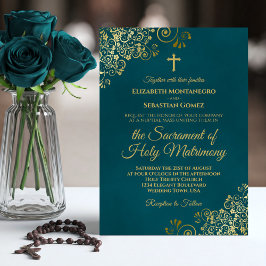 Elegant Dark Teal & Gold Modern Catholic Wedding Einladung