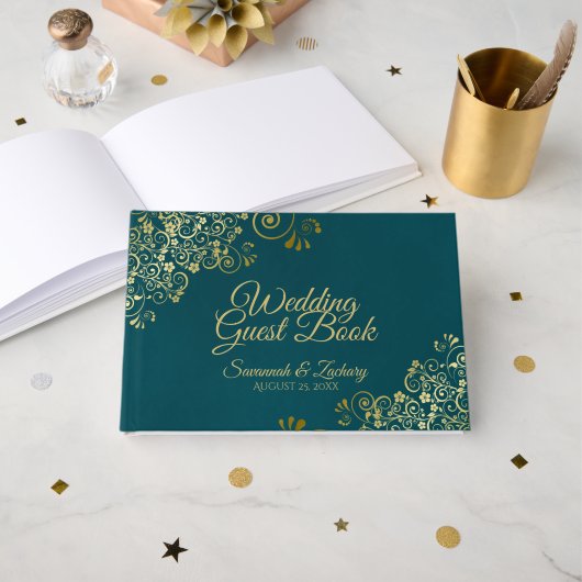 Elegant Dark Teal & Gold Stylish Wedding Gästebuch (Vorderseite Offen)