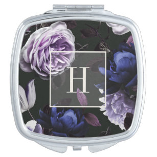 Elegant Dark Violet Floral   MIT MONOGRAMM Taschenspiegel