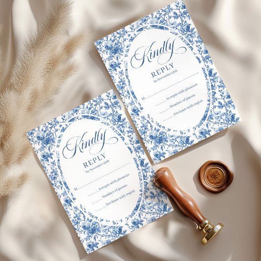 Elegant Deep Blue Roses French Toile RSVP Karte
