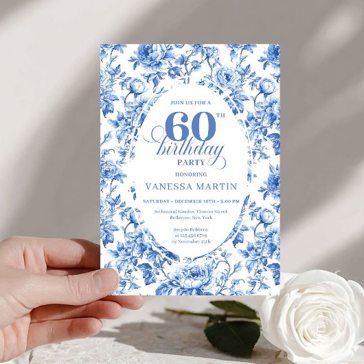 Elegant Deep Blue Toile Roses 60th Birthday Downlo Einladung