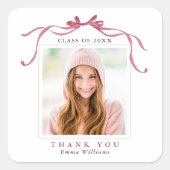 Elegant Deep Blush Bow Graduation Photo Thank You Quadratischer Aufkleber (Vorderseite)