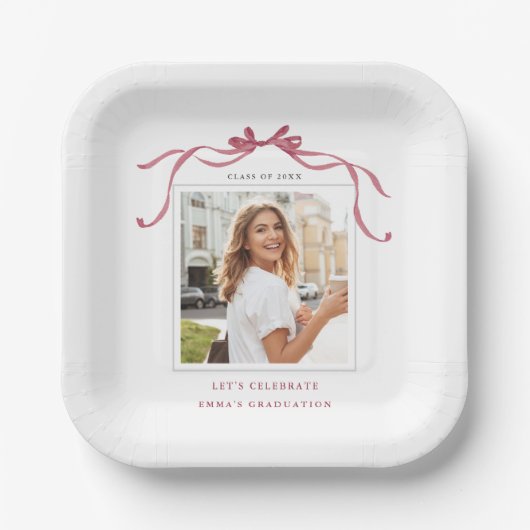 Elegant Deep Blush Ribbon Bow Graduation Photo Pappteller (Vorderseite)