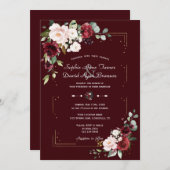 Elegant Deep Burgundy Blush Flowers Gold Wedding Einladung (Vorne/Hinten)
