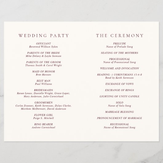 Elegant Deep Burgundy Classic Wedding Program Flyer (Hinten)