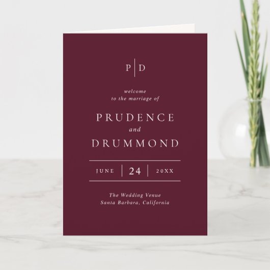 Elegant Deep Burgundy Classic Wedding Programm (Vorderseite)