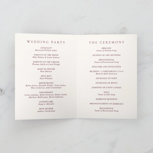 Elegant Deep Burgundy Classic Wedding Programm (Innenseite)