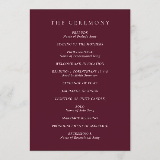 Elegant Deep Burgundy Classic Wedding Programm (Rückseite)