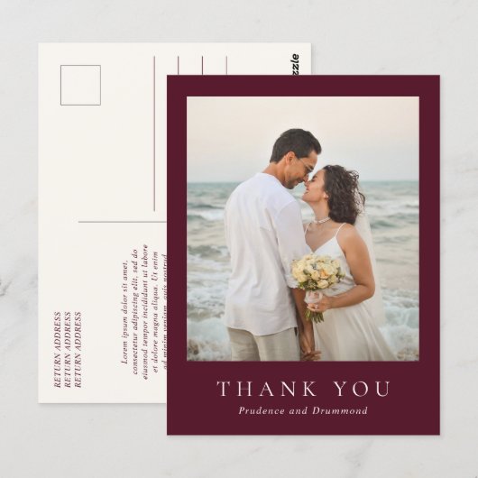 Elegant Deep Burgundy Classic Wedding Thank You Postkarte (Vorne/Hinten)