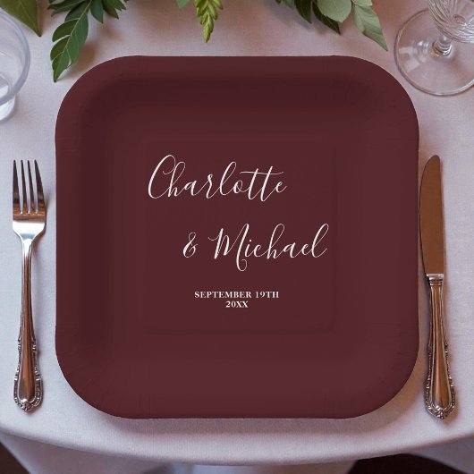 Elegant Deep Burgundy Script Minimalist Wedding Pappteller
