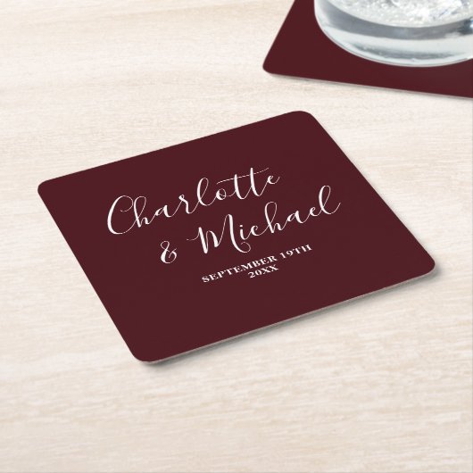 Elegant Deep Burgundy Script Minimalist Wedding Rechteckiger Pappuntersetzer (angewinkelt)