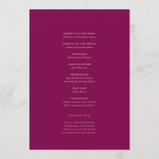 Elegant Deep Pink Floral Wedding Program Programm (Rückseite)