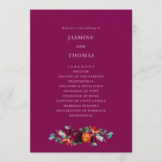 Elegant Deep Pink Floral Wedding Program Programm (Vorderseite)