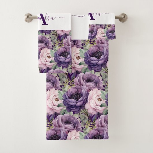 Elegant Deep Purple Floral Towel Set (Insitu)