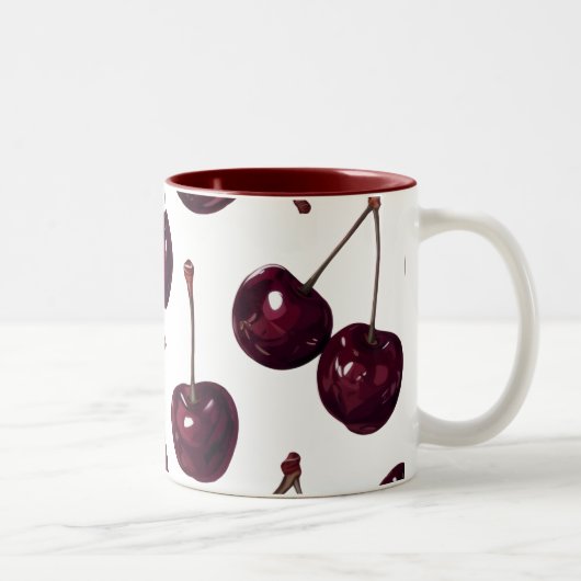 Elegant Deep Red Cherry Pattern Two-Tone Mug Zweifarbige Tasse (Rechts)