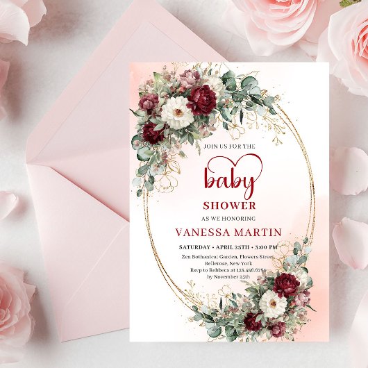 Elegant Deep Red Eucalyptus Baby Shower Invitation Einladung