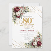 Elegant Deep Red Floral 80th Birthday Invitation Einladung (Vorderseite)