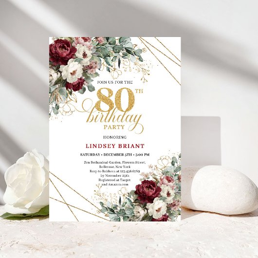 Elegant Deep Red Floral 80th Birthday Invitation Einladung