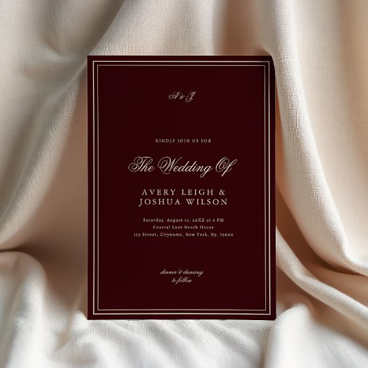 Elegant Deep Red Monogram Old Money Wedding Einladung