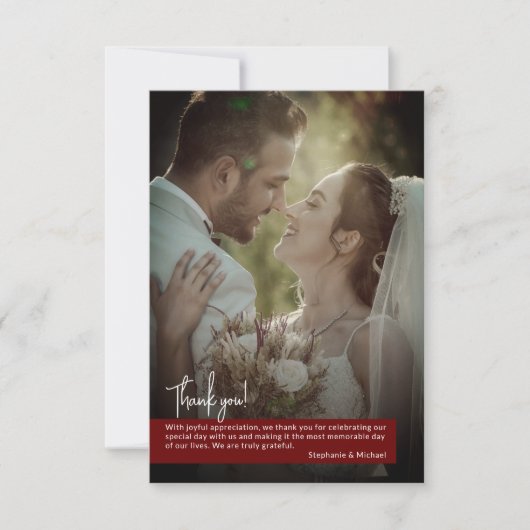 Elegant Deep Ruby Red Foto Banner Wedding Dankeskarte (Vorderseite)