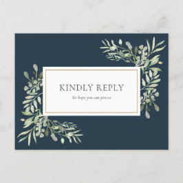 Elegant Deep Sea Blue Greenery Wedding RSVP Card Einladungspostkarte
