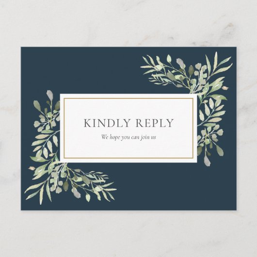 Elegant Deep Sea Blue Greenery Wedding RSVP Card Einladungspostkarte (Vorderseite)