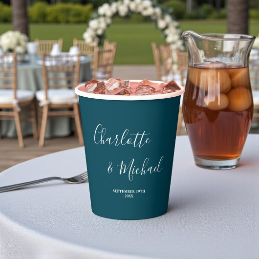 Elegant Deep Teal Script Minimalist Wedding Pappbecher