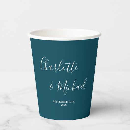 Elegant Deep Teal Script Minimalist Wedding Pappbecher (Vorderseite)