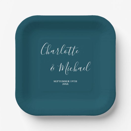 Elegant Deep Teal Script Minimalist Wedding Pappteller (Vorderseite)