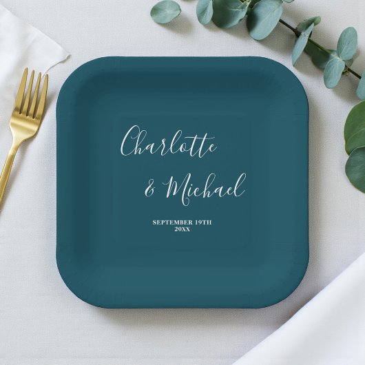 Elegant Deep Teal Script Minimalist Wedding Pappteller