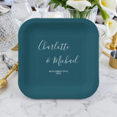 Elegant Deep Teal Script Minimalist Wedding Pappteller