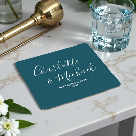 Elegant Deep Teal Script Minimalist Wedding Rechteckiger Pappuntersetzer