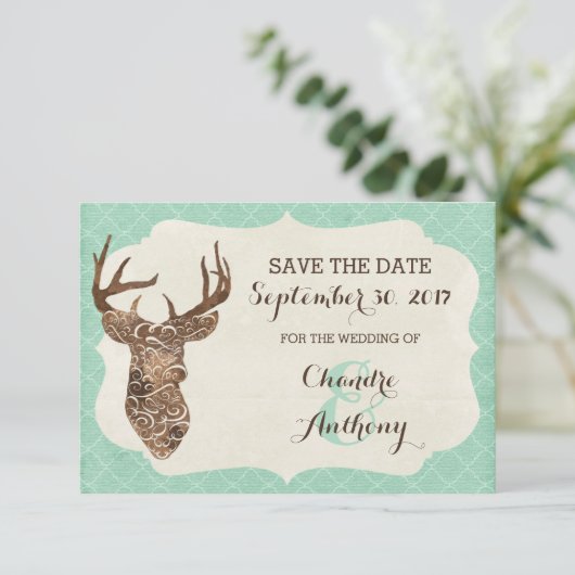 Elegant Deer Antlers Rustikales Land Save the Date (Stehend Vorderseite)