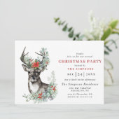 Elegant Deer Poinsettia Weihnachtsfeier Einladung (Stehend Vorderseite)