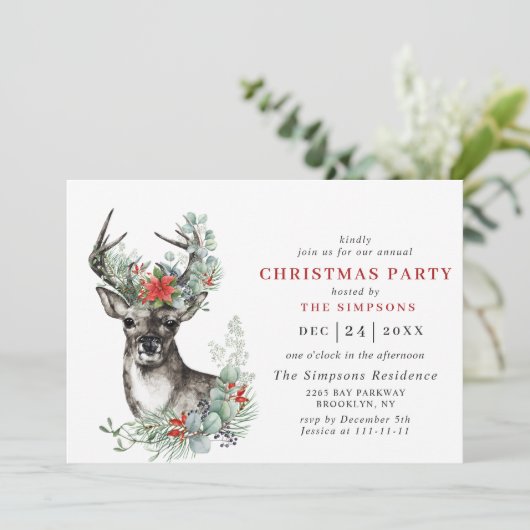 Elegant Deer Poinsettia Weihnachtsfeier Einladung (Stehend Vorderseite)