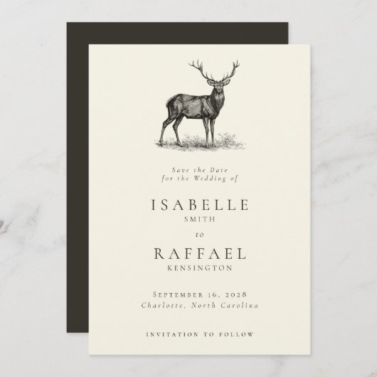 Elegant Deer Rustic Hunting Woodland Wedding Save The Date (Vorne/Hinten)